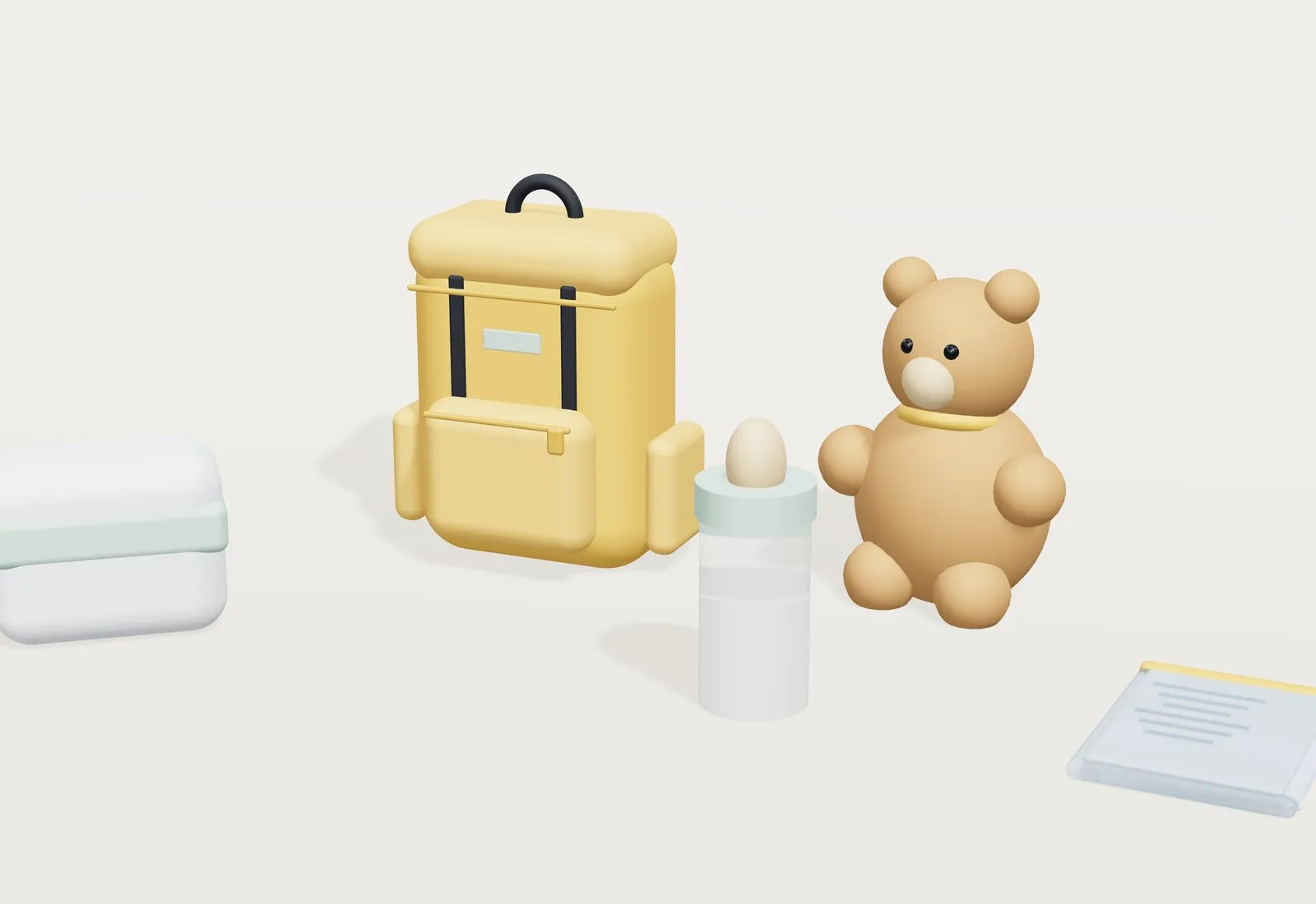 Una mochila amarilla pequeña junto a un osito de peluche, un biberón, un paquete de pañales y una funda de documentos.