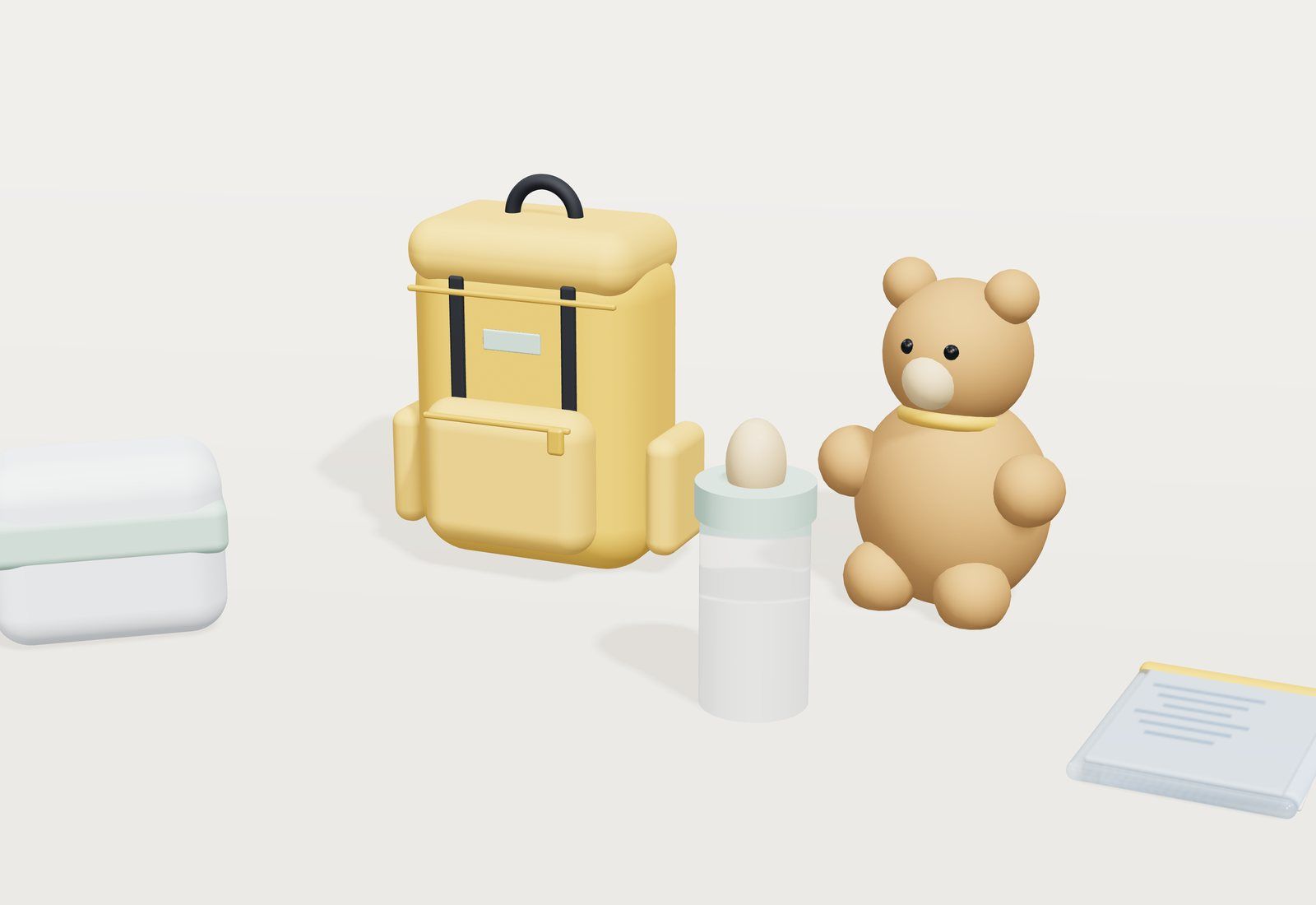 Una mochila amarilla pequeña junto a un osito de peluche, un biberón, un paquete de pañales y una funda de documentos.