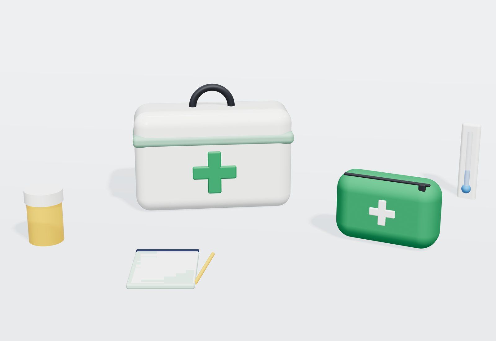 Una caja de botiquín blanca con cruz verde junto a una bolsa de primeros auxilios verde, un termómetro, un bote de pastillas y una libreta.