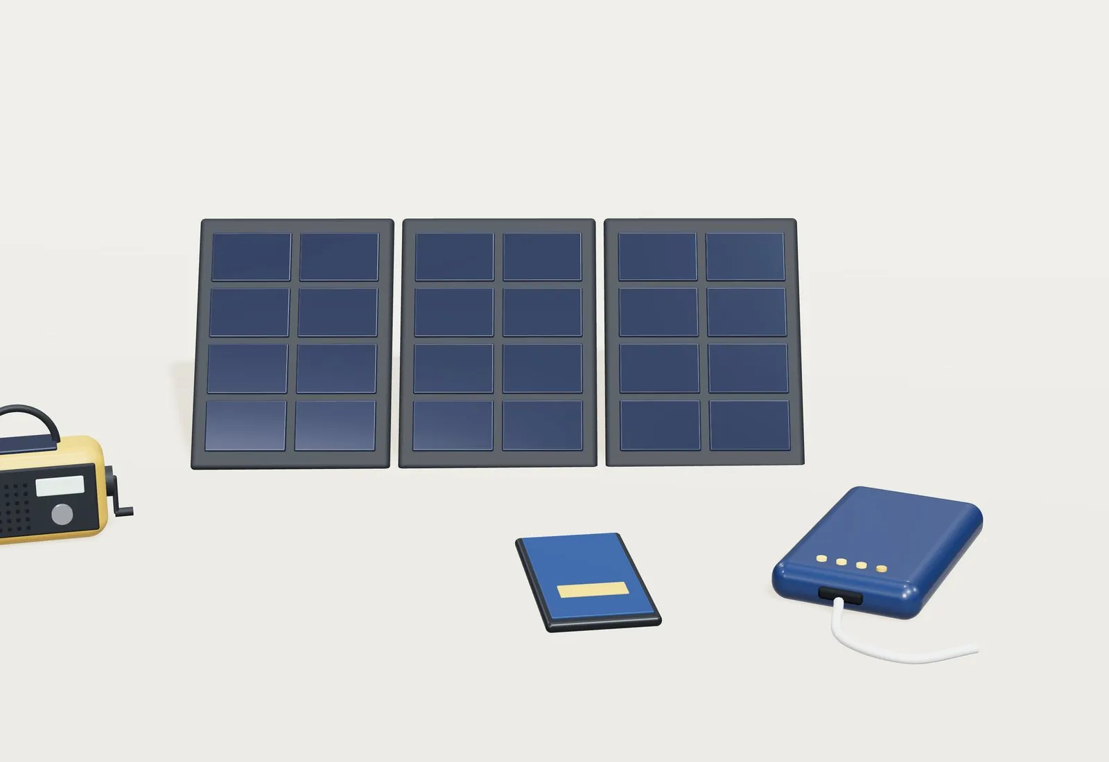 Un panel solar plegable de tres hojas junto a una batería externa, un teléfono móvil y una radio de manivela amarilla.