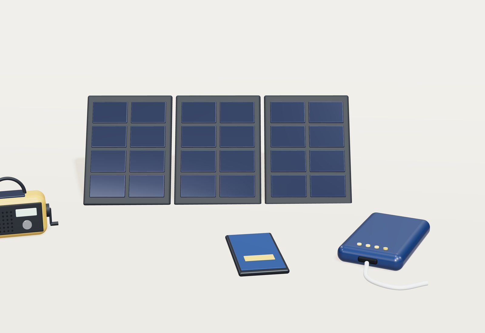 Un panel solar plegable de tres hojas junto a una batería externa, un teléfono móvil y una radio de manivela amarilla.