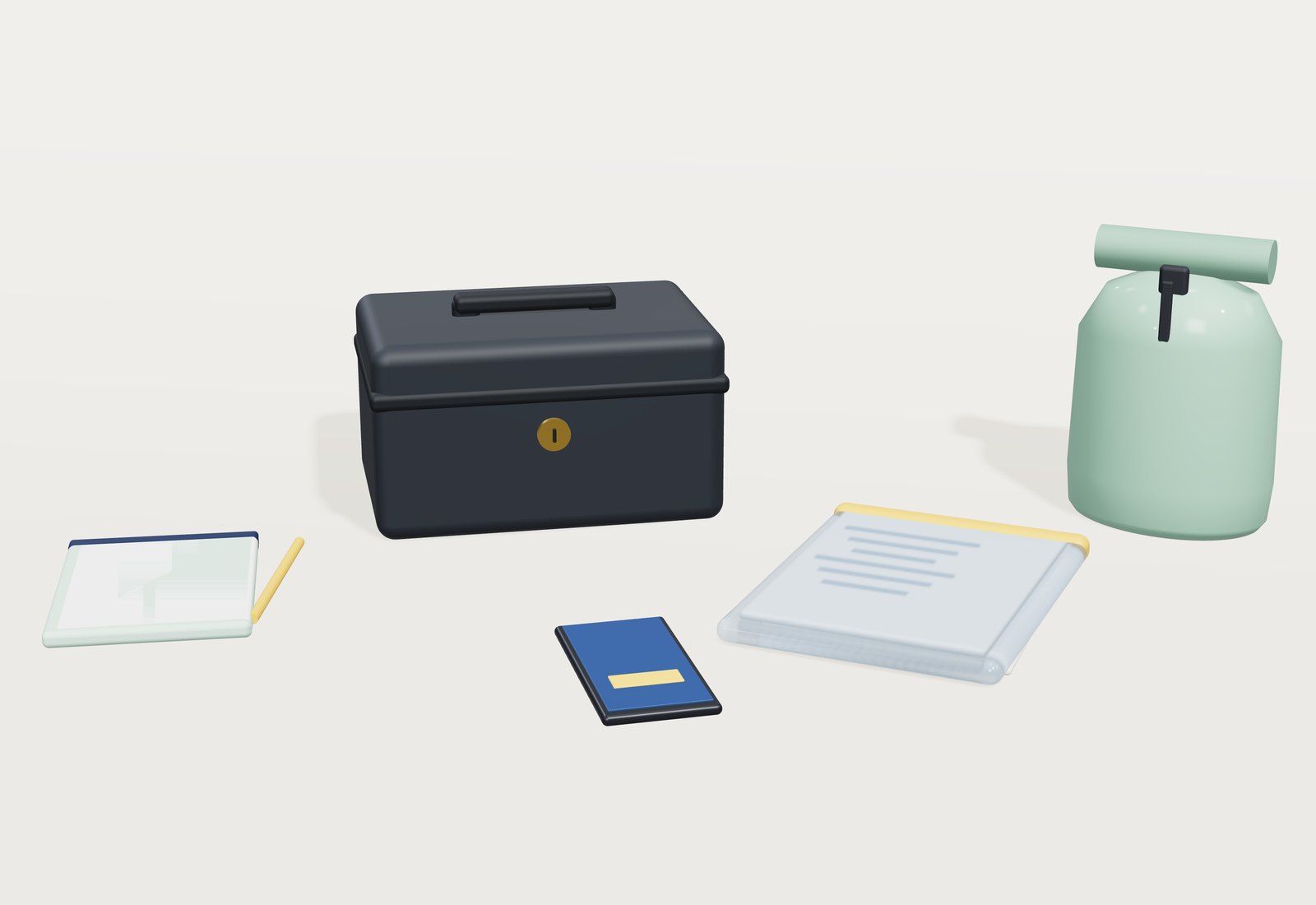 Caja de seguridad negra junto a una funda de documentos, una bolsa estanca verde, una libreta y un pasaporte.