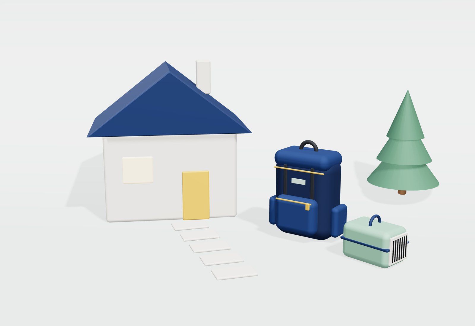Casa con un camino de baldosas hacia una mochila azul preparada y un transportín para mascota, junto a un árbol.