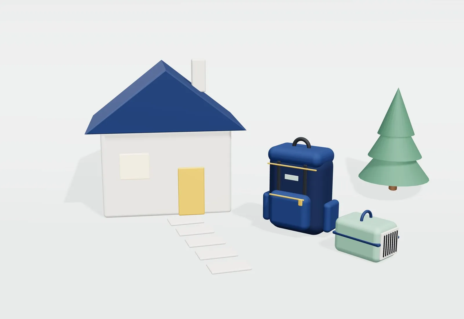 Casa con un camino de baldosas hacia una mochila azul preparada y un transportín para mascota, junto a un árbol.