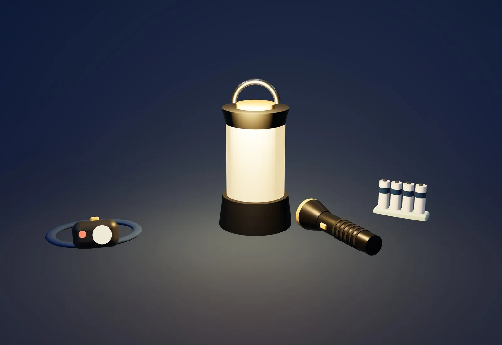Farol encendido en la oscuridad junto a una linterna frontal, una linterna de mano y un cargador de pilas.
