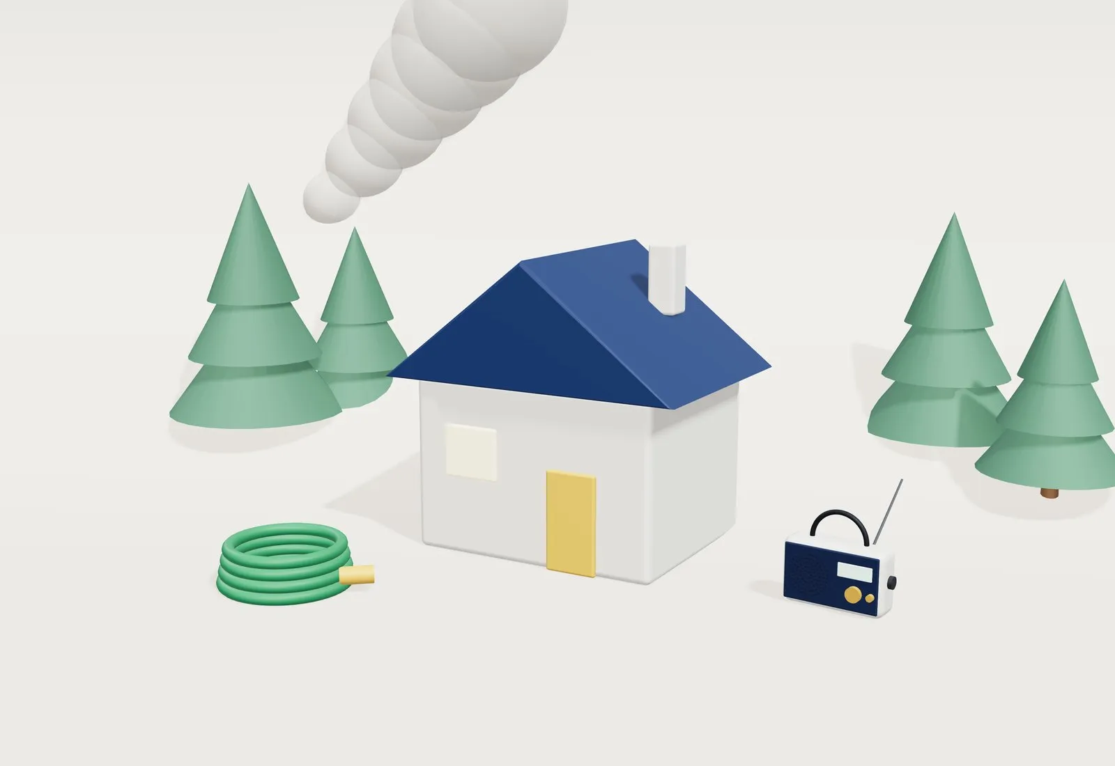 Casa entre pinos con una columna de humo al fondo, una manguera enrollada y una radio en primer plano.