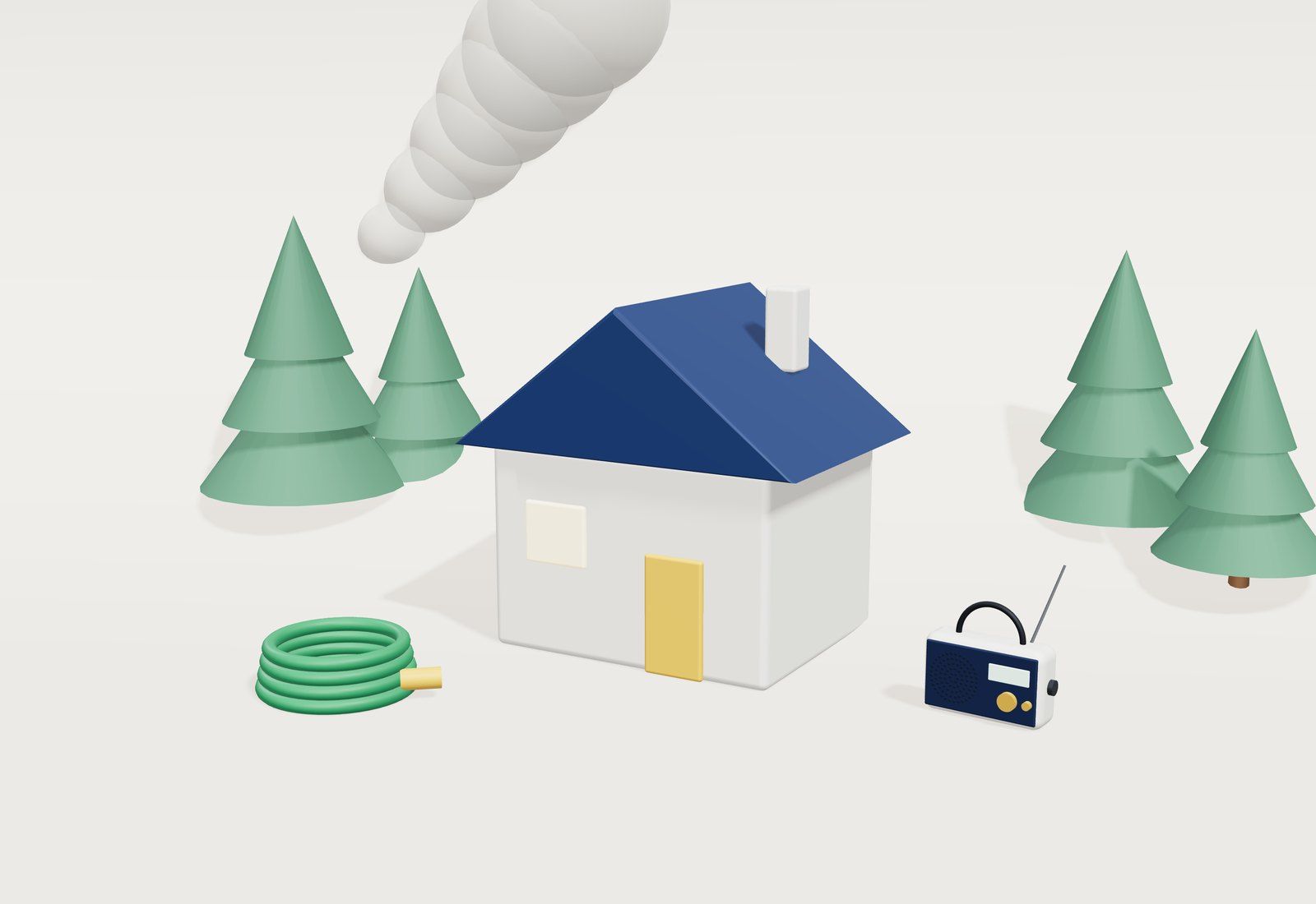 Casa entre pinos con una columna de humo al fondo, una manguera enrollada y una radio en primer plano.