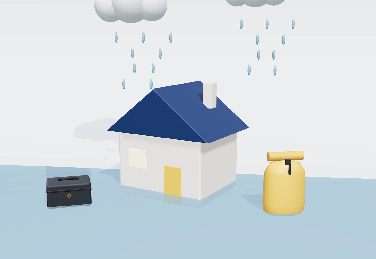 Casa rodeada de agua bajo dos nubes con lluvia, con una caja de seguridad y una bolsa estanca a salvo.