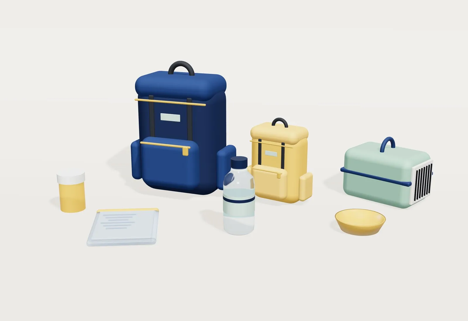 Una mochila de adulto y otra más pequeña de color amarillo junto a un transportín, un cuenco para mascota, medicamentos, una funda de documentos y una botella de agua.