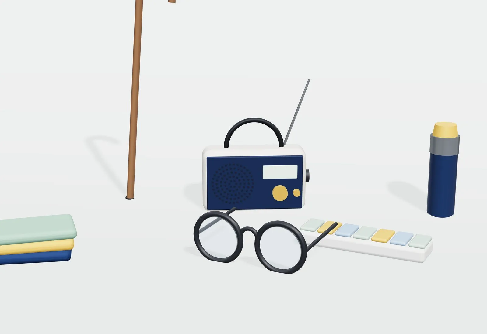 Un bastón, unas gafas, un pastillero semanal, una radio, un termo y una manta doblada.