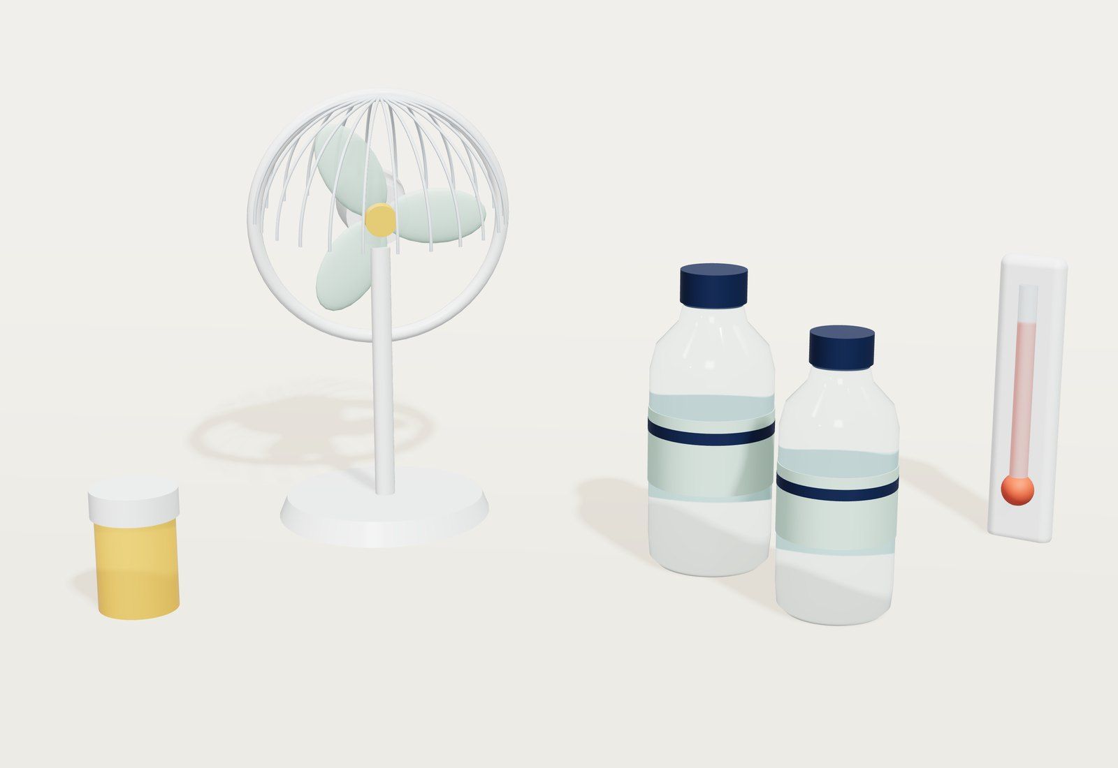 Ventilador blanco junto a dos botellas de agua, un termómetro con la columna alta y un bote de medicamentos.