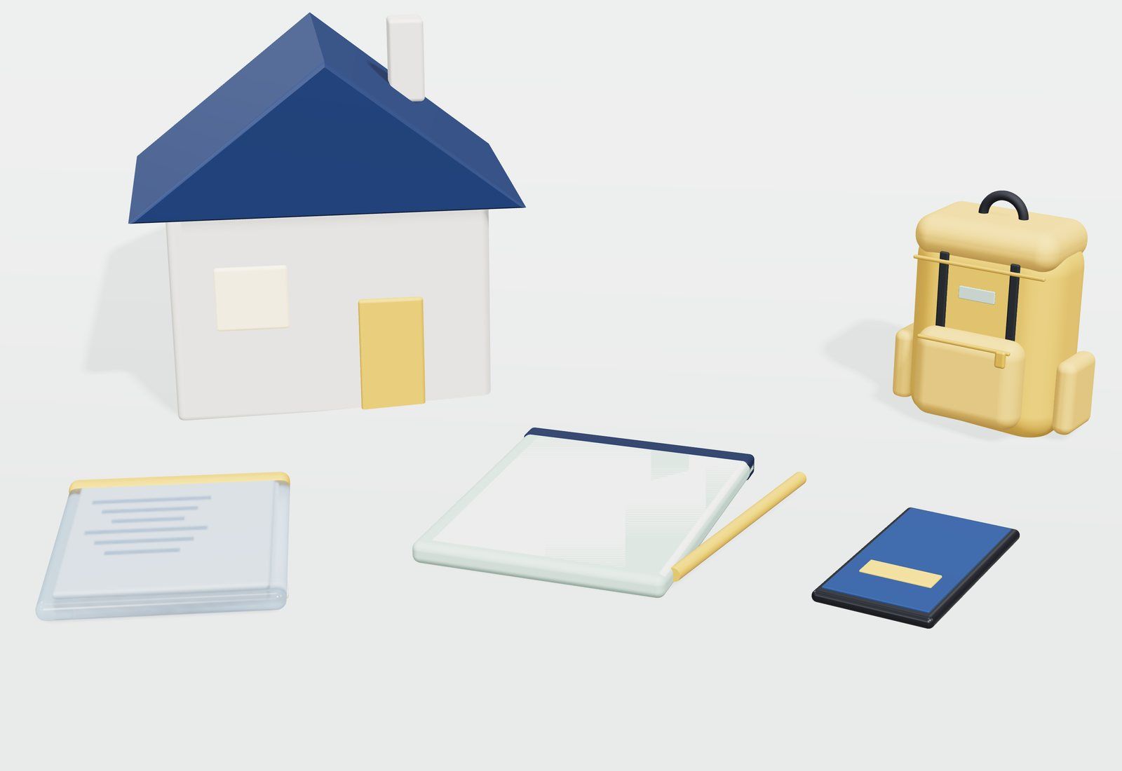 Una libreta abierta con un lápiz junto a una casa en miniatura, un teléfono, una funda de documentos y una mochila amarilla.
