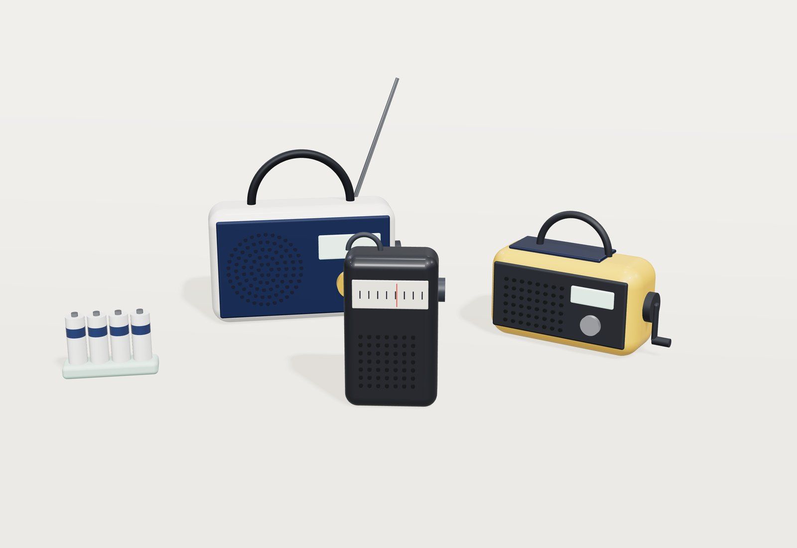 Tres radios: una de sobremesa azul, una de bolsillo negra y una de manivela amarilla, junto a un cargador de pilas.
