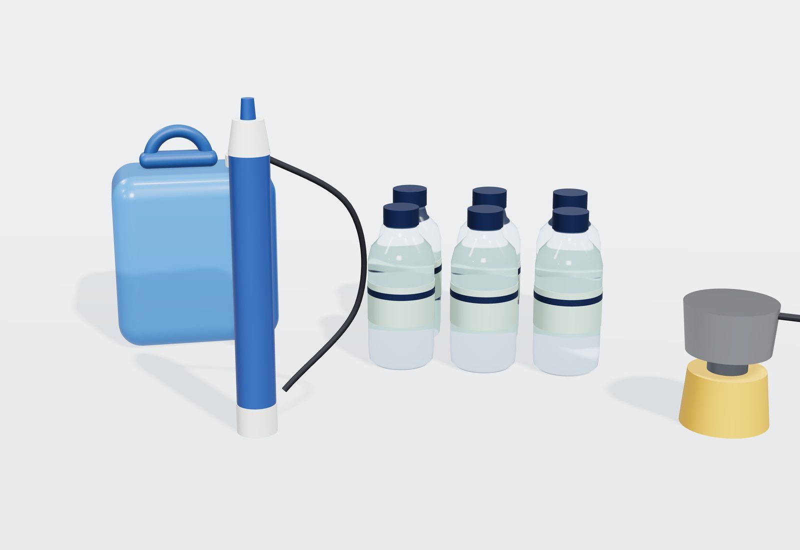 Una garrafa azul con grifo junto a seis botellas de agua, un filtro de pajita y un hornillo de camping con un cazo.
