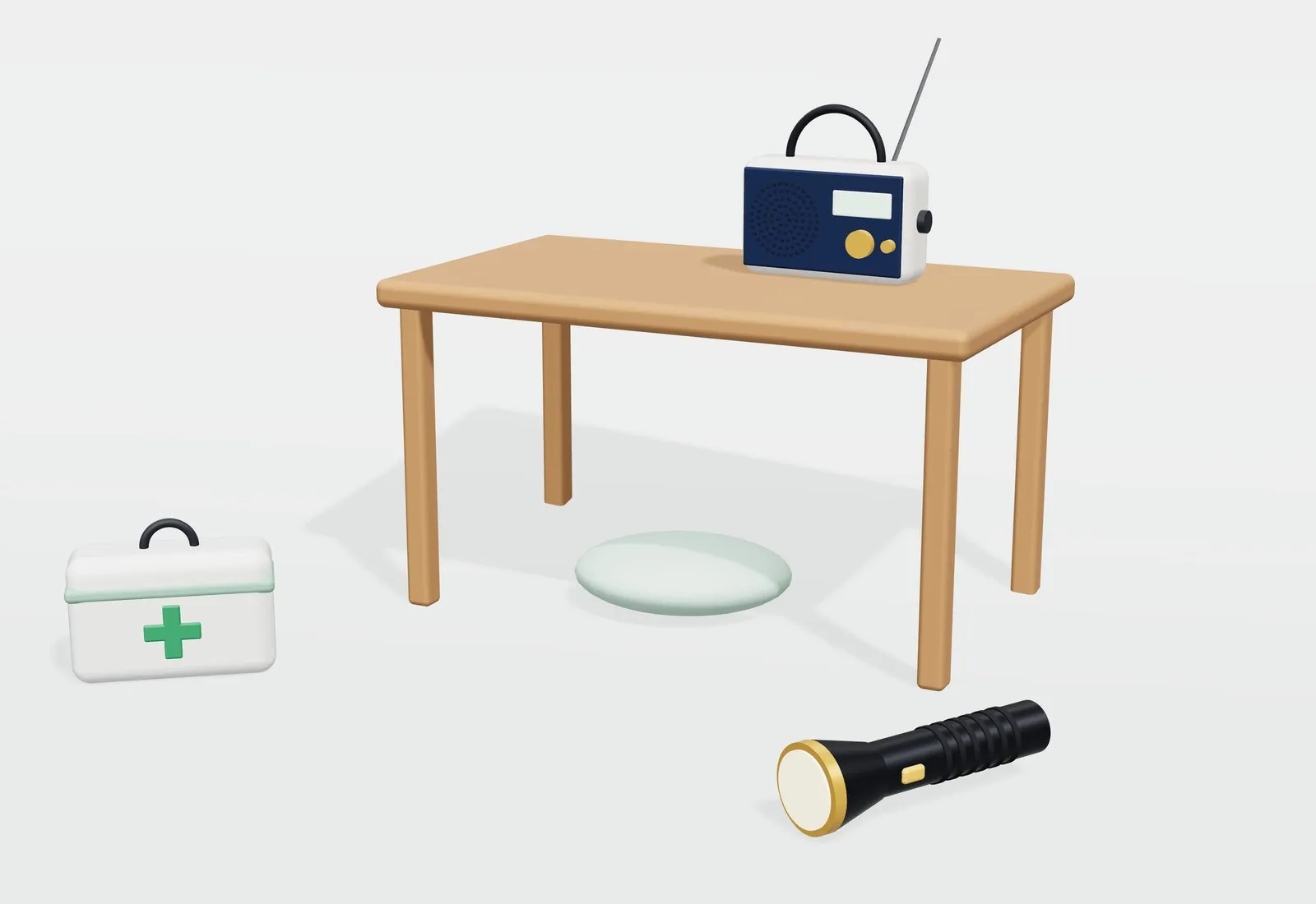 Mesa de madera resistente con un cojín debajo, una radio encima, y un botiquín y una linterna en el suelo.