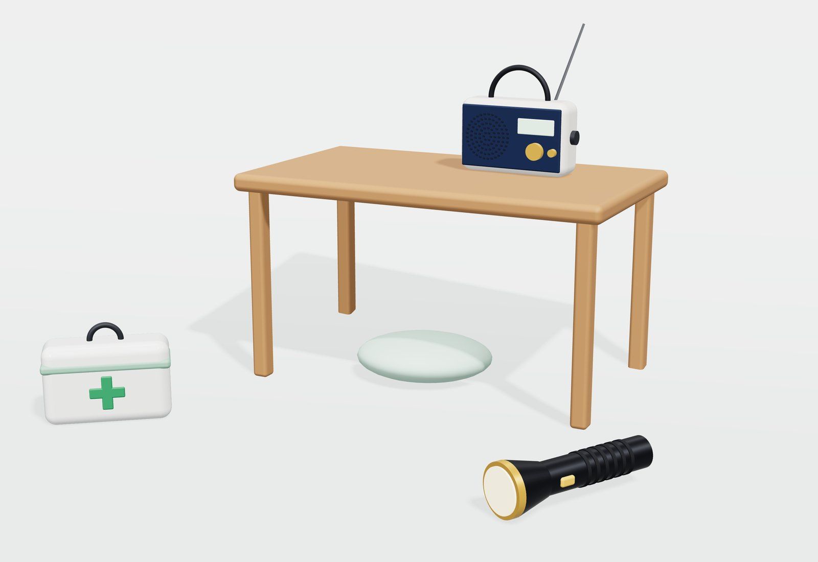 Mesa de madera resistente con un cojín debajo, una radio encima, y un botiquín y una linterna en el suelo.