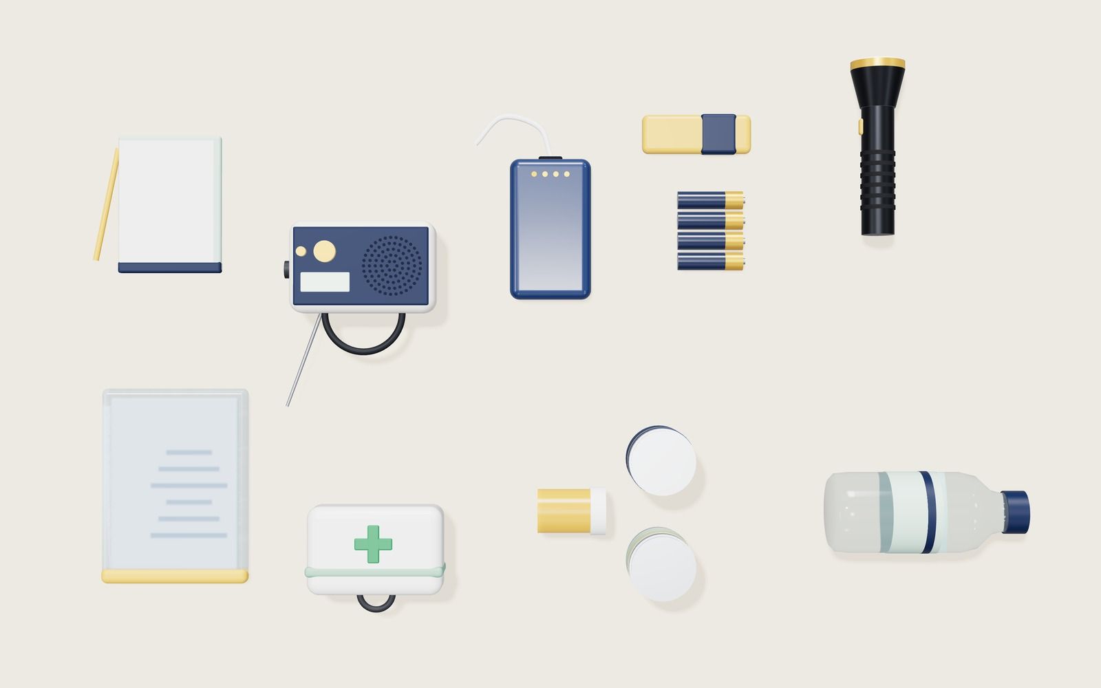Elementos de un kit de 24 horas ordenados sobre una superficie clara: radio, linterna, cargador portátil, pilas, botiquín, botella de agua, medicamentos, documentos y una libreta.