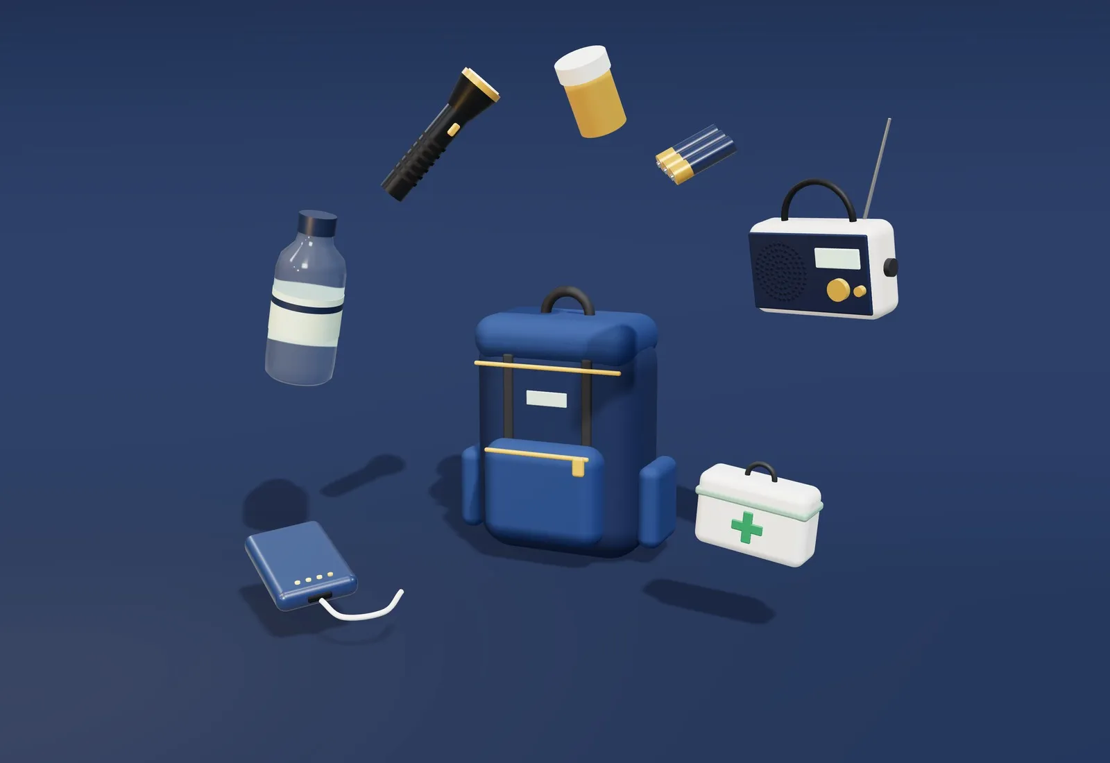 Mochila de emergencia rodeada de su contenido: radio, linterna, botiquín, botella de agua, pilas, medicamentos y cargador portátil.