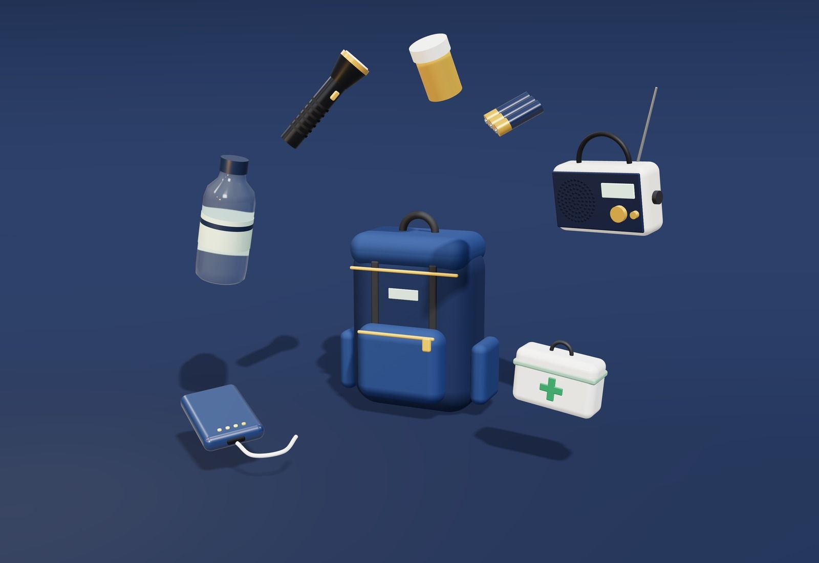 Mochila de emergencia rodeada de su contenido: radio, linterna, botiquín, botella de agua, pilas, medicamentos y cargador portátil.