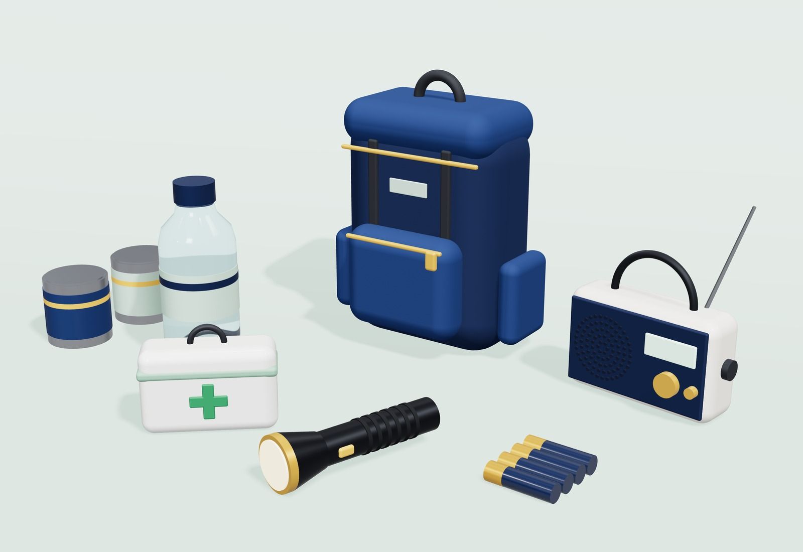 Mochila de emergencia azul junto a una botella de agua, una radio portátil, un botiquín, una linterna, pilas y latas de conserva.