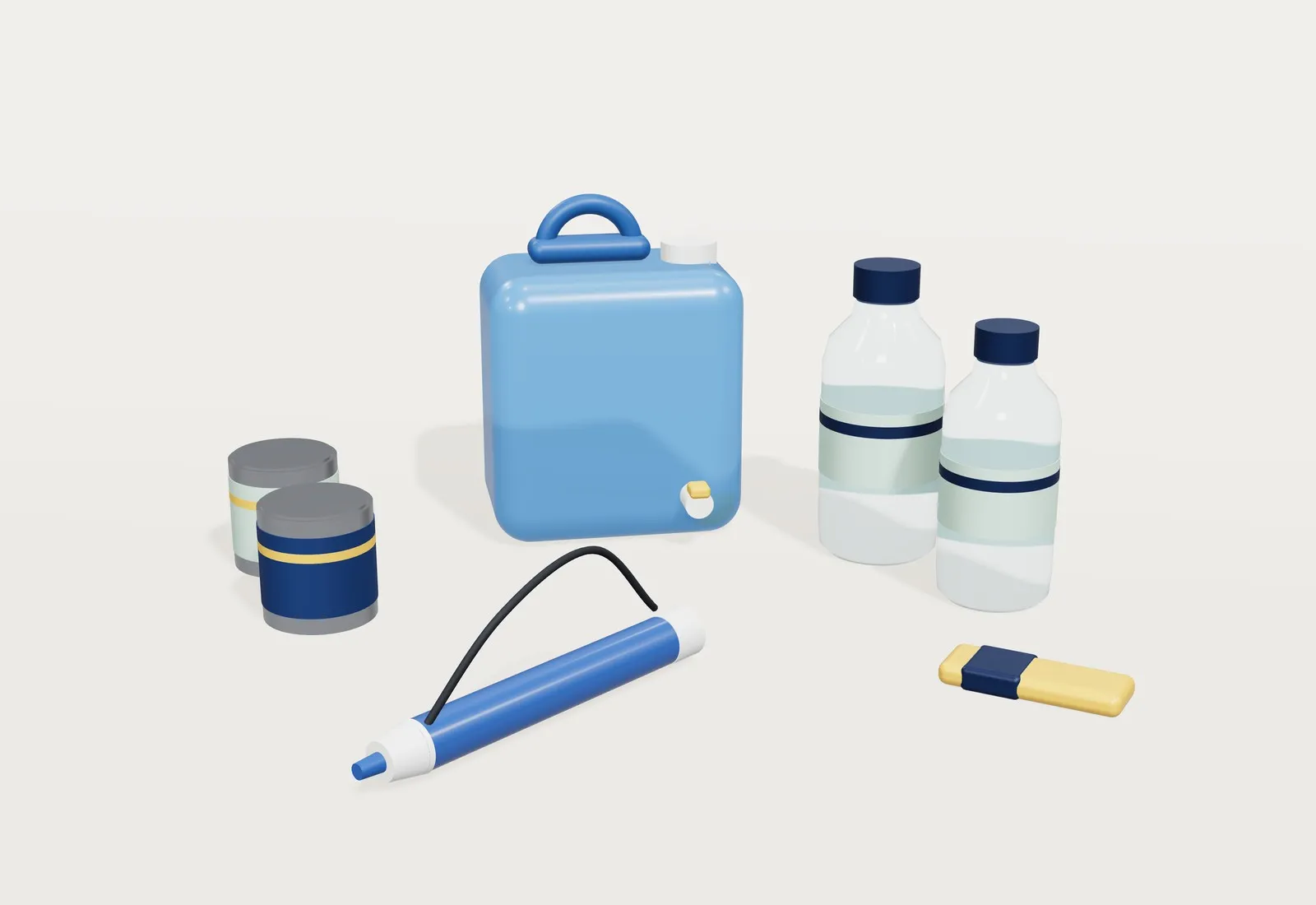 Garrafa azul de agua junto a dos botellas, un filtro de agua personal, latas de conserva y una barrita.
