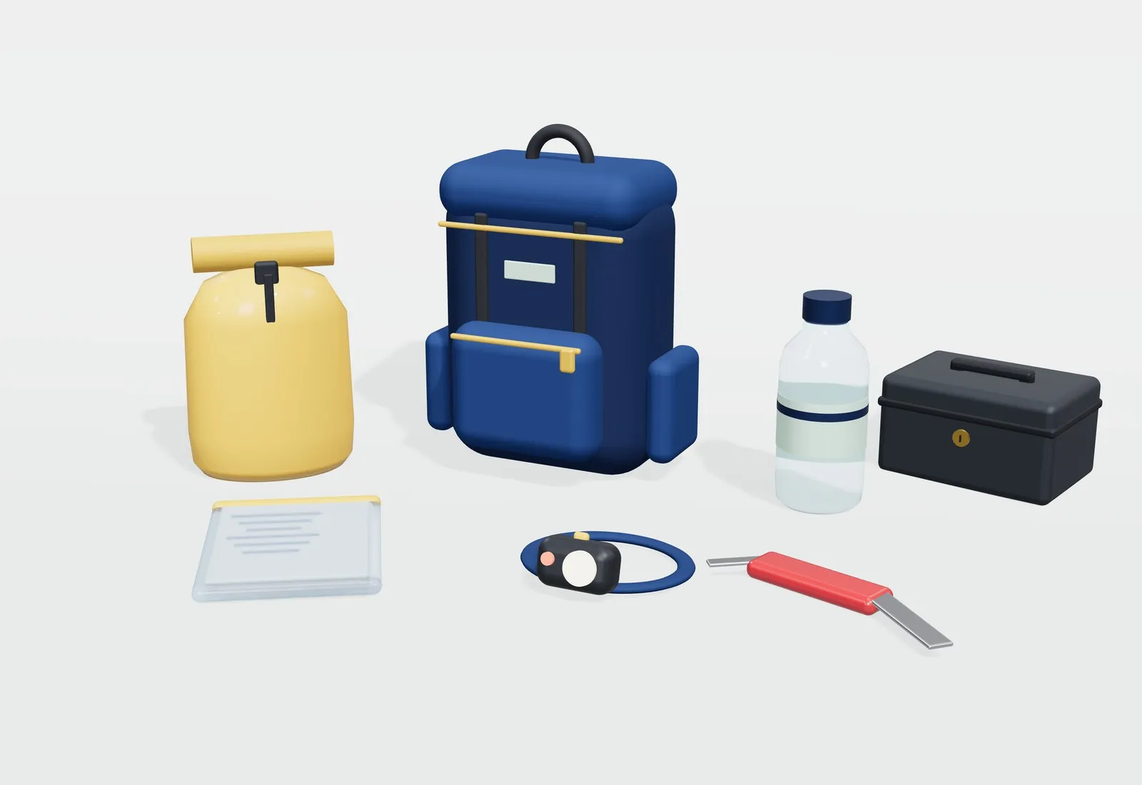 Mochila azul de emergencia junto a una bolsa estanca amarilla, una funda de documentos, una linterna frontal, una navaja, una botella de agua y una caja de seguridad.