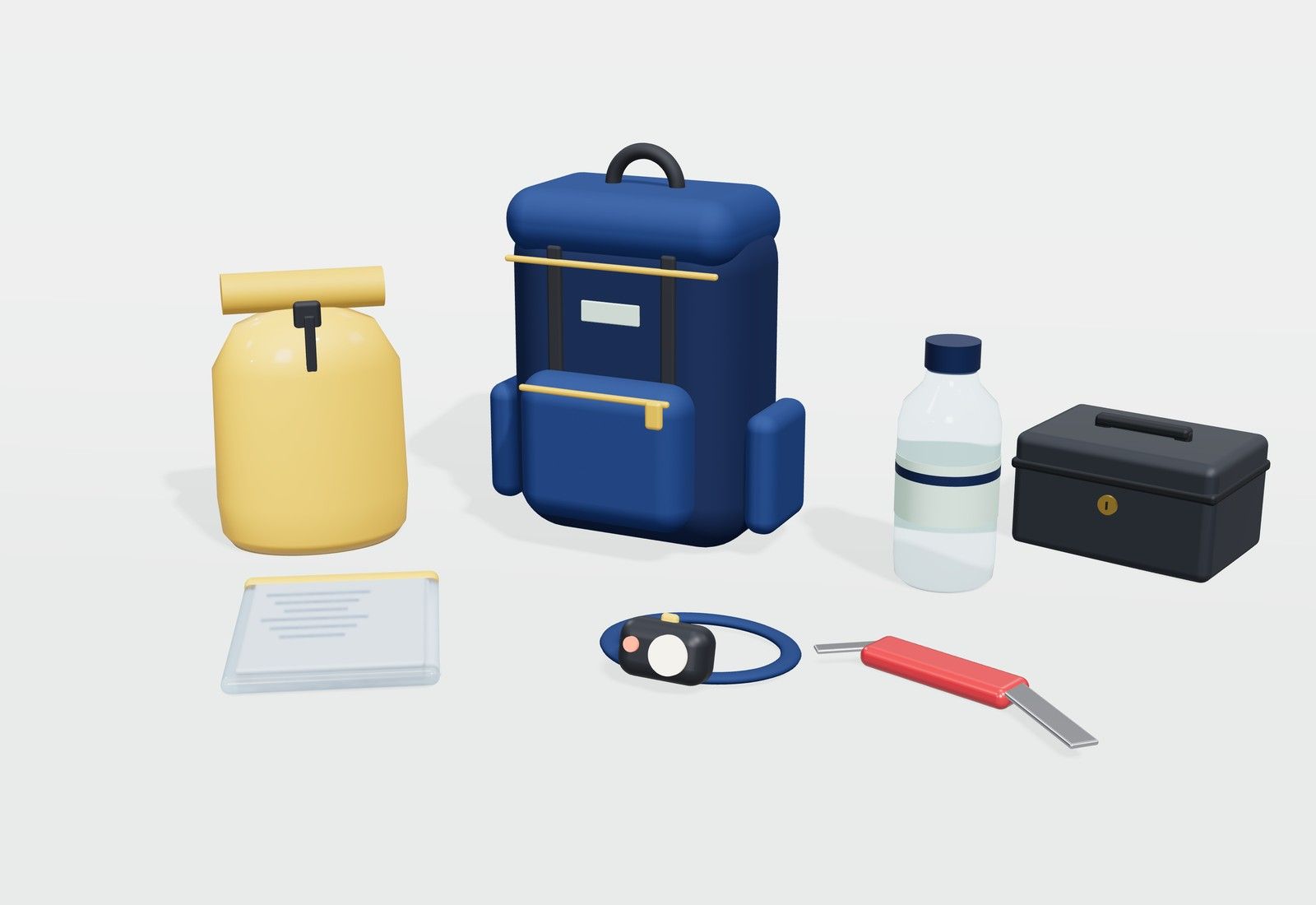 Mochila azul de emergencia junto a una bolsa estanca amarilla, una funda de documentos, una linterna frontal, una navaja, una botella de agua y una caja de seguridad.