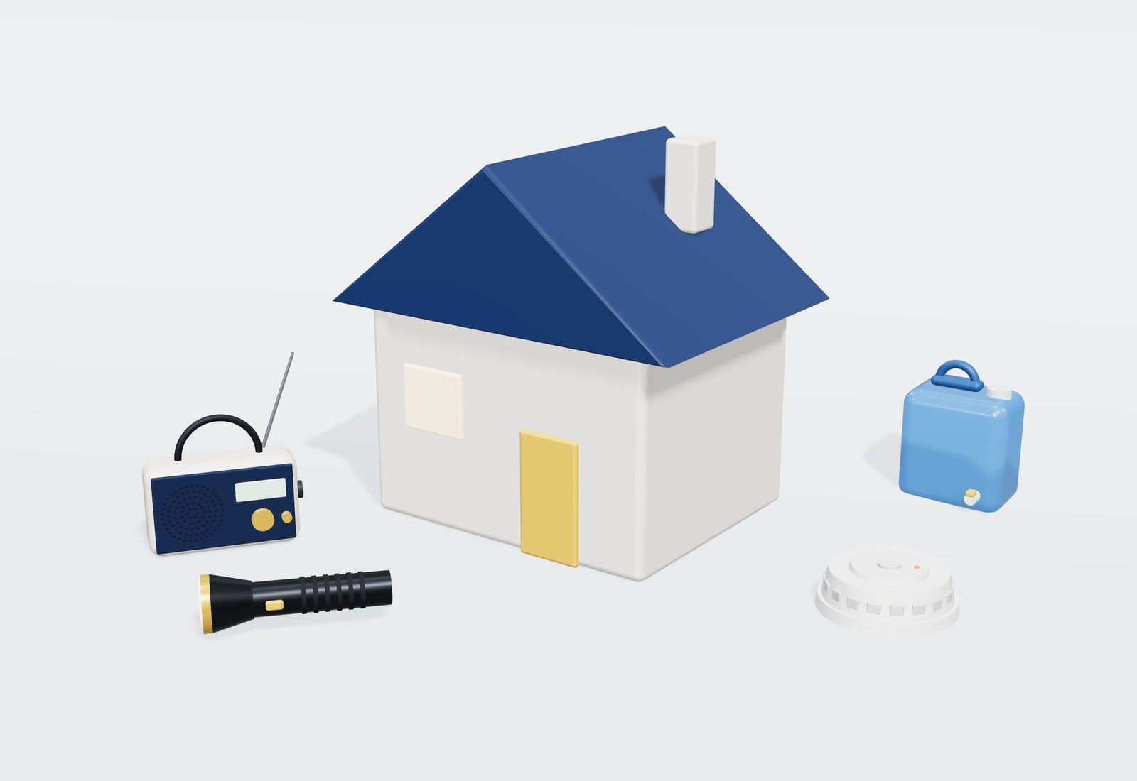 Casa con tejado azul rodeada de una radio, una linterna, un detector de humo y una garrafa de agua.