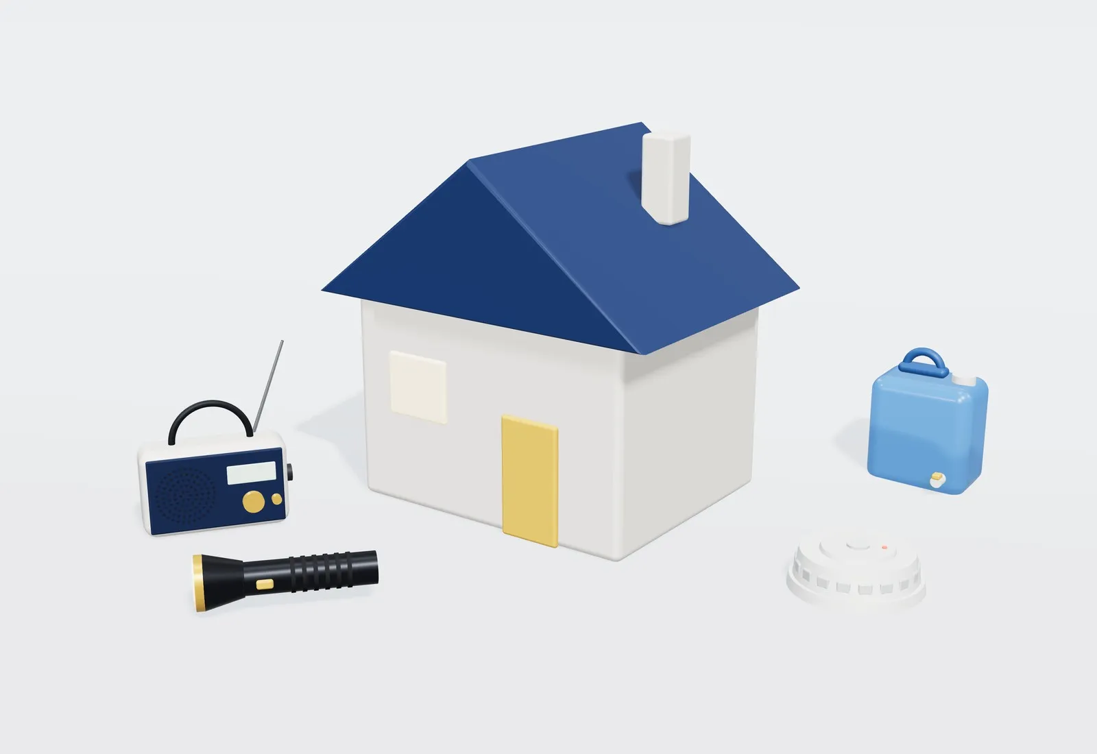 Casa con tejado azul rodeada de una radio, una linterna, un detector de humo y una garrafa de agua.