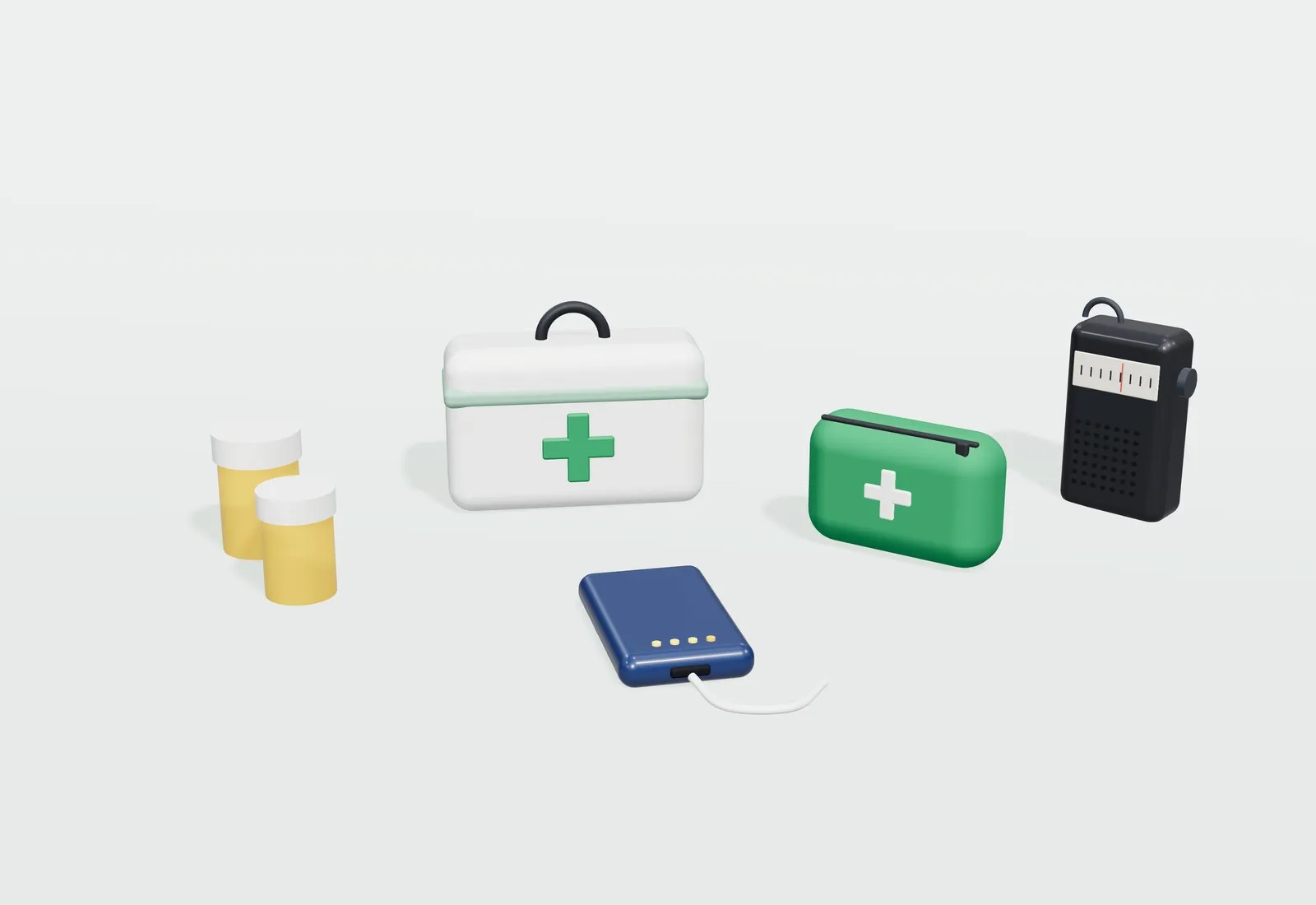 Botiquín blanco, un estuche verde de primeros auxilios, botes de medicamentos, una radio de bolsillo y una batería externa.